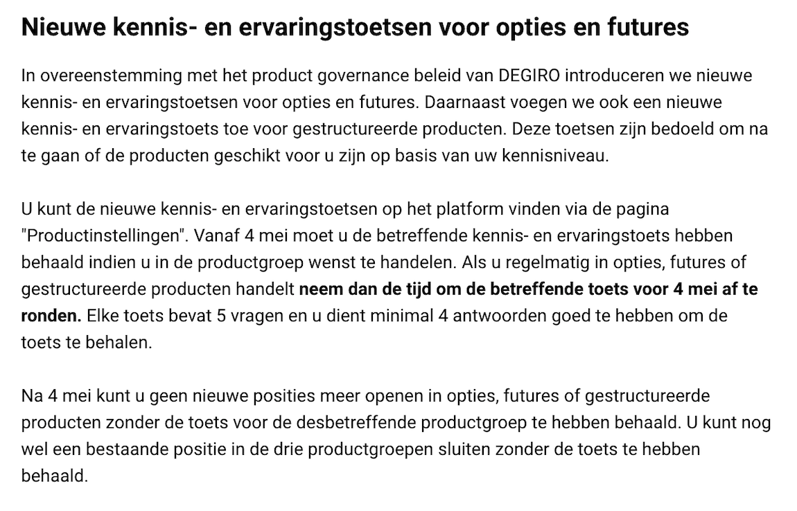 DEGIRO Kennis- en ervaringstoetsen voor opties en futures