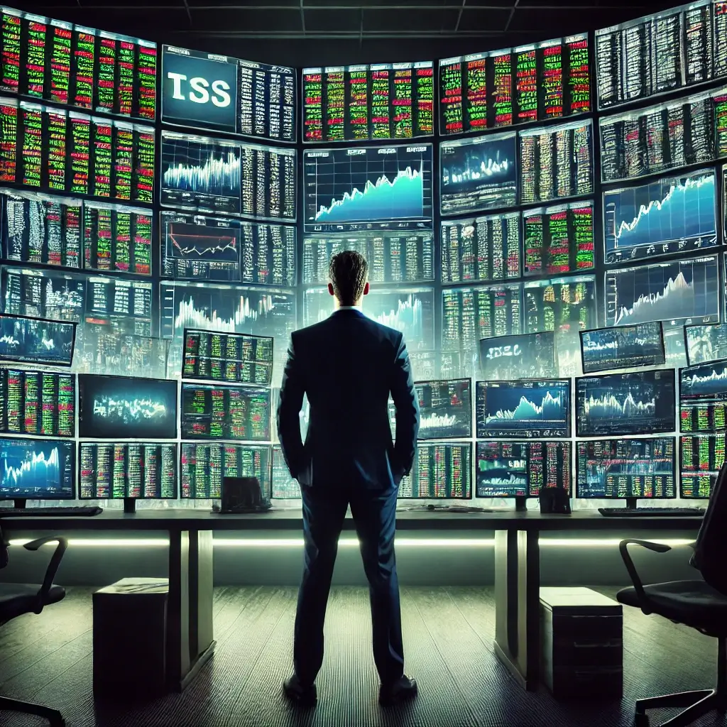 Trader in front of screens